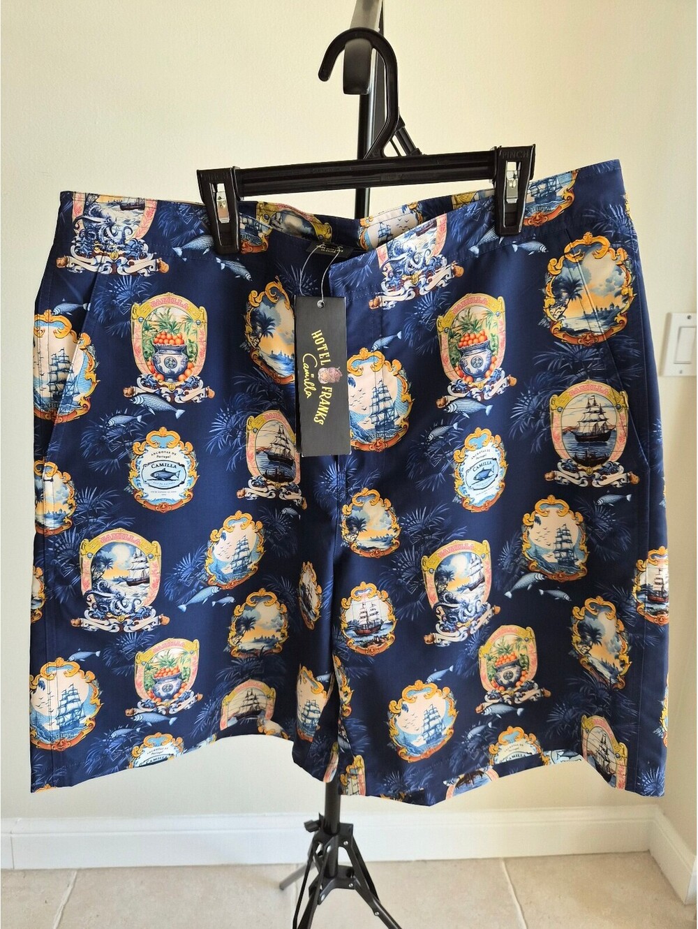 Hotel Franks by Camilla Men's XL Navy Blue Nautical Print Swim Shorts 0326